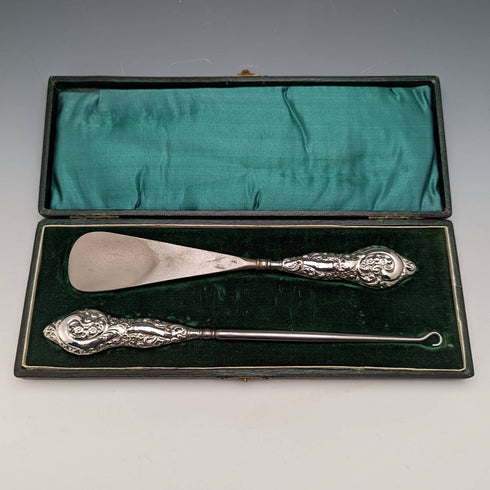 1909 British Antique Pure Silver Handle Shoehorn Button Hook Set in Case J and R Griffin